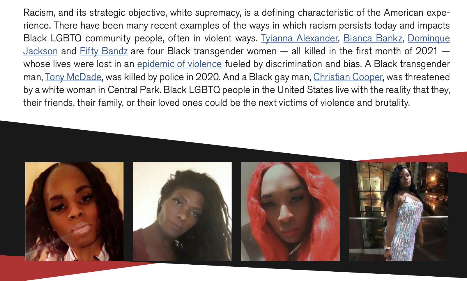 Screenshot from HRC Foundation report naming four Black transgender women killed in January 2021 and attributing their deaths to an epidemic of violence fueled by discrimination and bias